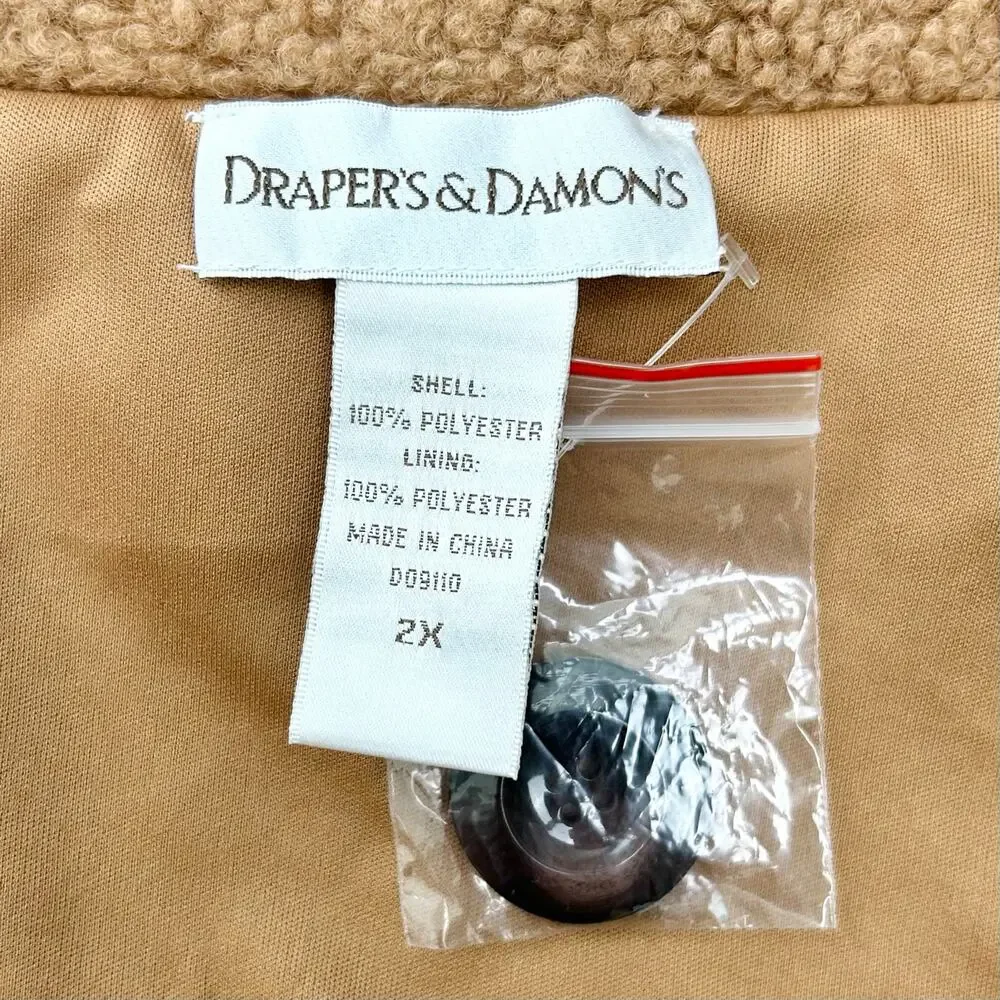 Draper's & Damon's 2X Tan Brown Soft Teddy Sherpa Button-Up Long Coat NWT